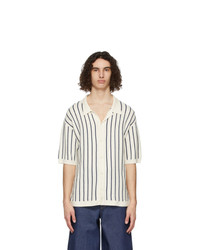 King and Tuckfield Off White Wool Striped Camp Short Sleeve Shirt