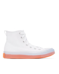 White and Pink Canvas High Top Sneakers