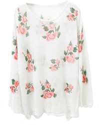 White and Pink Floral Crew-neck Sweater