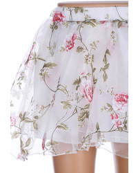 Romwe Pink Floral Print White Skater Skirt