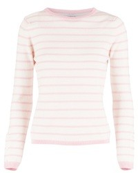 White and Pink Horizontal Striped Crew-neck Sweater