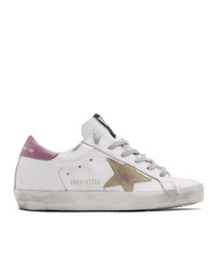 White and Pink Leather Low Top Sneakers