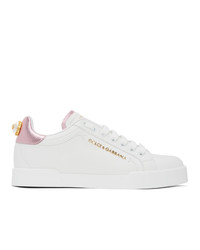 Dolce And Gabbana White And Pink Lettering Portofino Sneakers