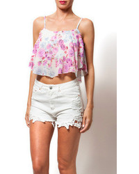 White and Purple Print Cropped Top