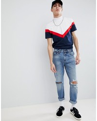 ASOS DESIGN Longline T Shirt With Turtle Neck And Chevron Cut And Sew In Navy
