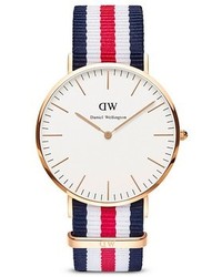 White and Red and Navy Horizontal Striped Canvas Watch