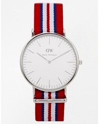 Daniel Wellington Exeter Silver Striped Canvas Strap Watch Red