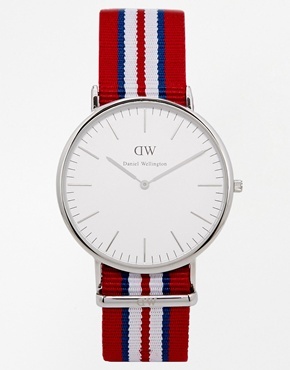Daniel Wellington Exeter Silver Striped Canvas Strap Red, $282 | Lookastic