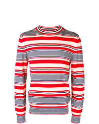 White and Red and Navy Horizontal Striped Crew-neck Sweater