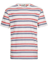 White and Red and Navy Horizontal Striped Crew-neck T-shirt