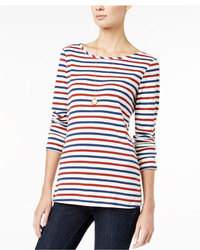 White and Red and Navy Horizontal Striped Long Sleeve T-shirt