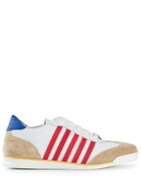 White and Red and Navy Horizontal Striped Low Top Sneakers