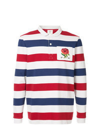 White and Red and Navy Horizontal Striped Polo Neck Sweater