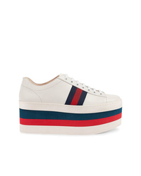 White and Red and Navy Leather Wedge Sneakers