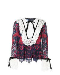 White and Red and Navy Long Sleeve Blouse