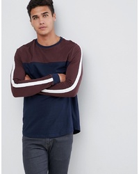 ASOS DESIGN Longline Long Sleeve T Shirt With Curved Hem And Contrast Yoke In Navy