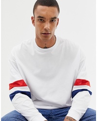 ASOS DESIGN Oversized Longline Long Sleeve T Shirt With Contrast Mesh Sleeve Stripe In White