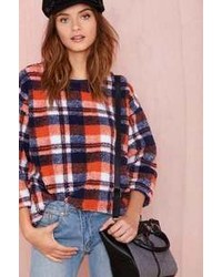White and Red and Navy Plaid Crew-neck Sweater