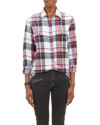 White and Red and Navy Plaid Dress Shirt