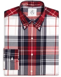 White and Red and Navy Plaid Long Sleeve Shirt