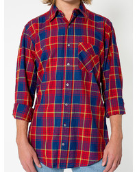 American Apparel Indigo Plaid Cotton Twill Long Sleeve Button Up With Pocket