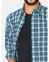 American Apparel Indigo Plaid Cotton Twill Long Sleeve Button Up With Pocket