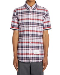 Thom Browne Straight Fit Plaid Slub Short Sleeve Button Up Shirt In Red White Blue At Nordstrom