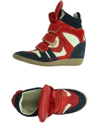 White and Red and Navy Suede Wedge Sneakers