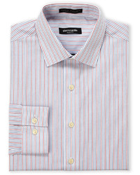 White and Red and Navy Vertical Striped Dress Shirt
