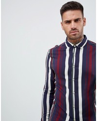 ASOS DESIGN Skinny Stripe Shirt In Navy Burgundy