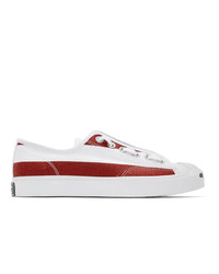 White and Red Canvas Low Top Sneakers