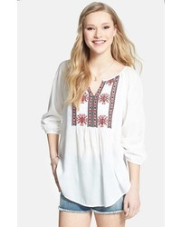 Angie Embroidered Peasant Top Ivory Red Small