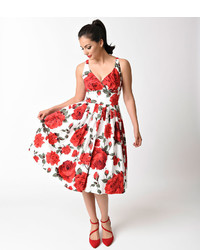 Unique Vintage 1950s Style White Red Floral Mon Cheri Elizabeth Swing Dress