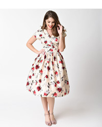 Hell Bunny 1950s Style Cream Red Florals Rosemary Swing Dress