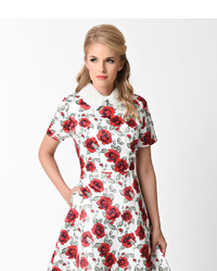 Unique Vintage Vintage Style White Red Rose Short Sleeve Swing Dress