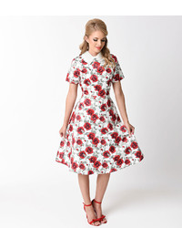 Unique Vintage Vintage Style White Red Rose Short Sleeve Swing Dress