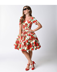 Unique Vintage White Red Floral Roman Holiday Sleeved Swing Dress
