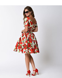 Unique Vintage White Red Floral Roman Holiday Sleeved Swing Dress
