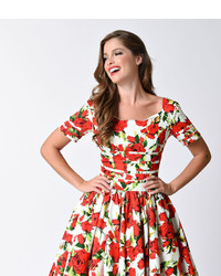 Unique Vintage White Red Floral Roman Holiday Sleeved Swing Dress