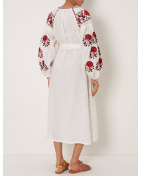 Fanm Mon White Linen Floral Embroidered Midi Dress