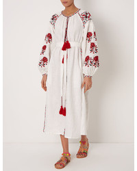 Fanm Mon White Linen Floral Embroidered Midi Dress