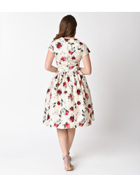 Hell Bunny 1950s Style Cream Red Florals Rosemary Swing Dress