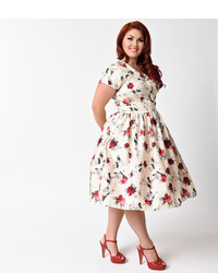Hell Bunny Plus Size 1950s Style Cream Red Florals Rosemary Swing Dress