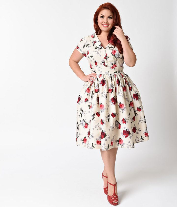 Hell Bunny Size 1950s Style Cream Florals Rosemary Swing $84 | Unique Vintage | Lookastic
