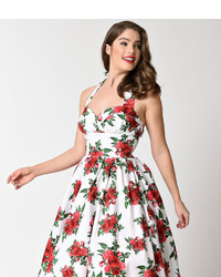 Hell Bunny Retro White Rose Floral Halter Cannes Swing Dress