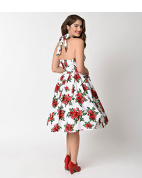 Hell Bunny Retro White Rose Floral Halter Cannes Swing Dress