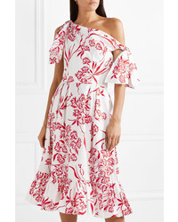 Carolina Herrera Knotted Asymmetric Printed Stretch Cotton Poplin Midi Dress