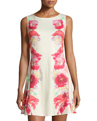 Neiman Marcus Floral Print Sleeveless Fit And Flare Dress Ivorycoral