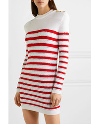Balmain Button Embellished Sequined Striped Stretch Knit Mini Dress