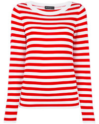 White and Red Horizontal Striped Crew-neck Sweater